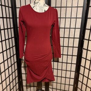 🎯Missufe Cotton Jersey Long Sleeve Bodycon Ruched fitted Burgundy Dress red Sz M